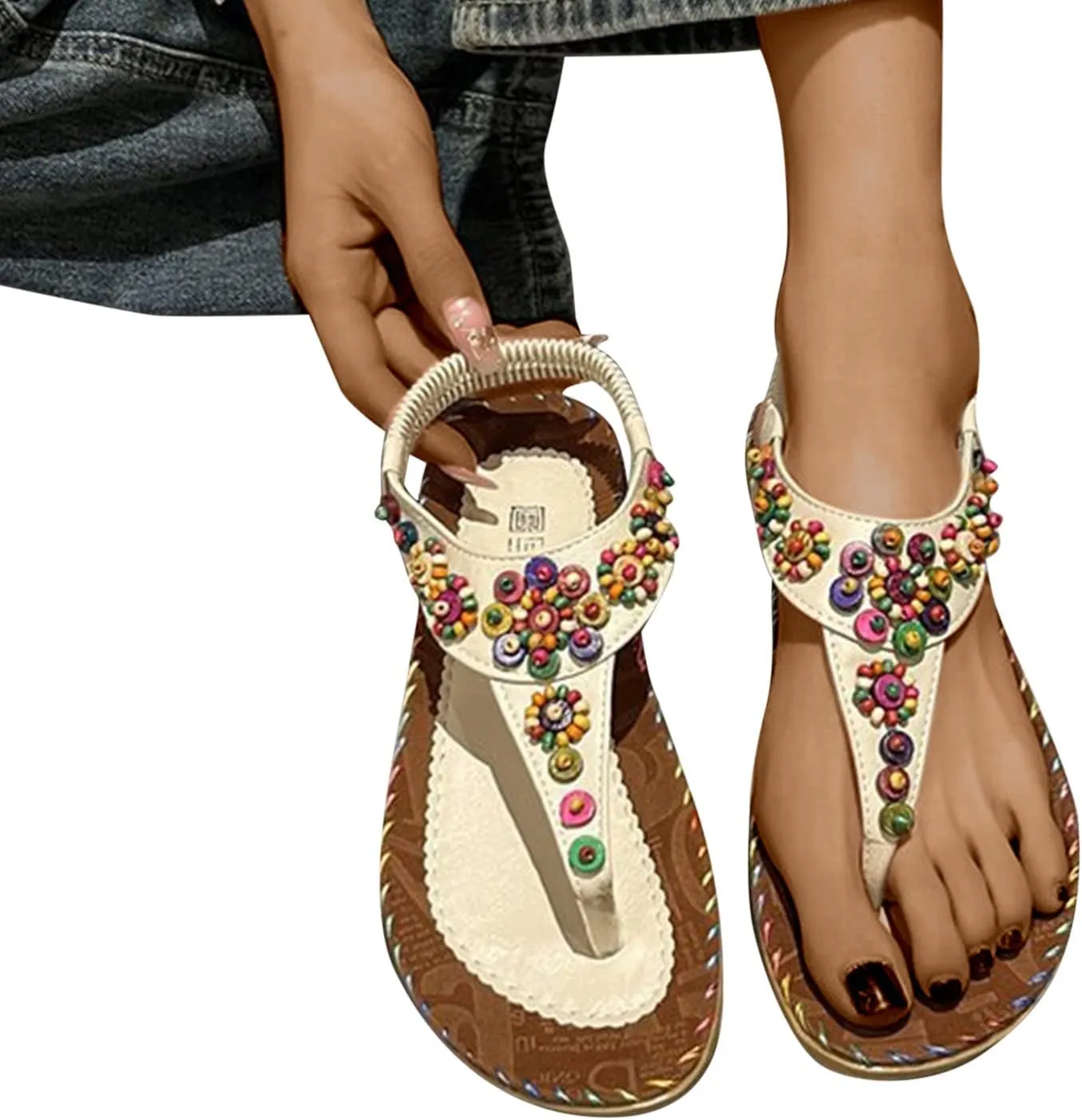 Trendy Women Bohemian Beach Flat Sandals Classic Beads T-Strap Thong Sandal with Ankle Strap for Holiday Casual Style