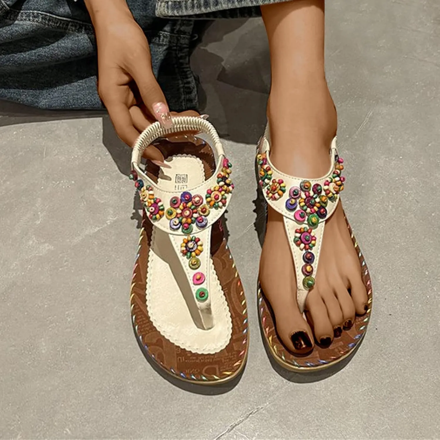 Trendy Women Bohemian Beach Flat Sandals Classic Beads T-Strap Thong Sandal with Ankle Strap for Holiday Casual Style