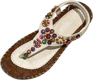 Trendy Women Bohemian Beach Flat Sandals Classic Beads T-Strap Thong Sandal with Ankle Strap for Holiday Casual Style