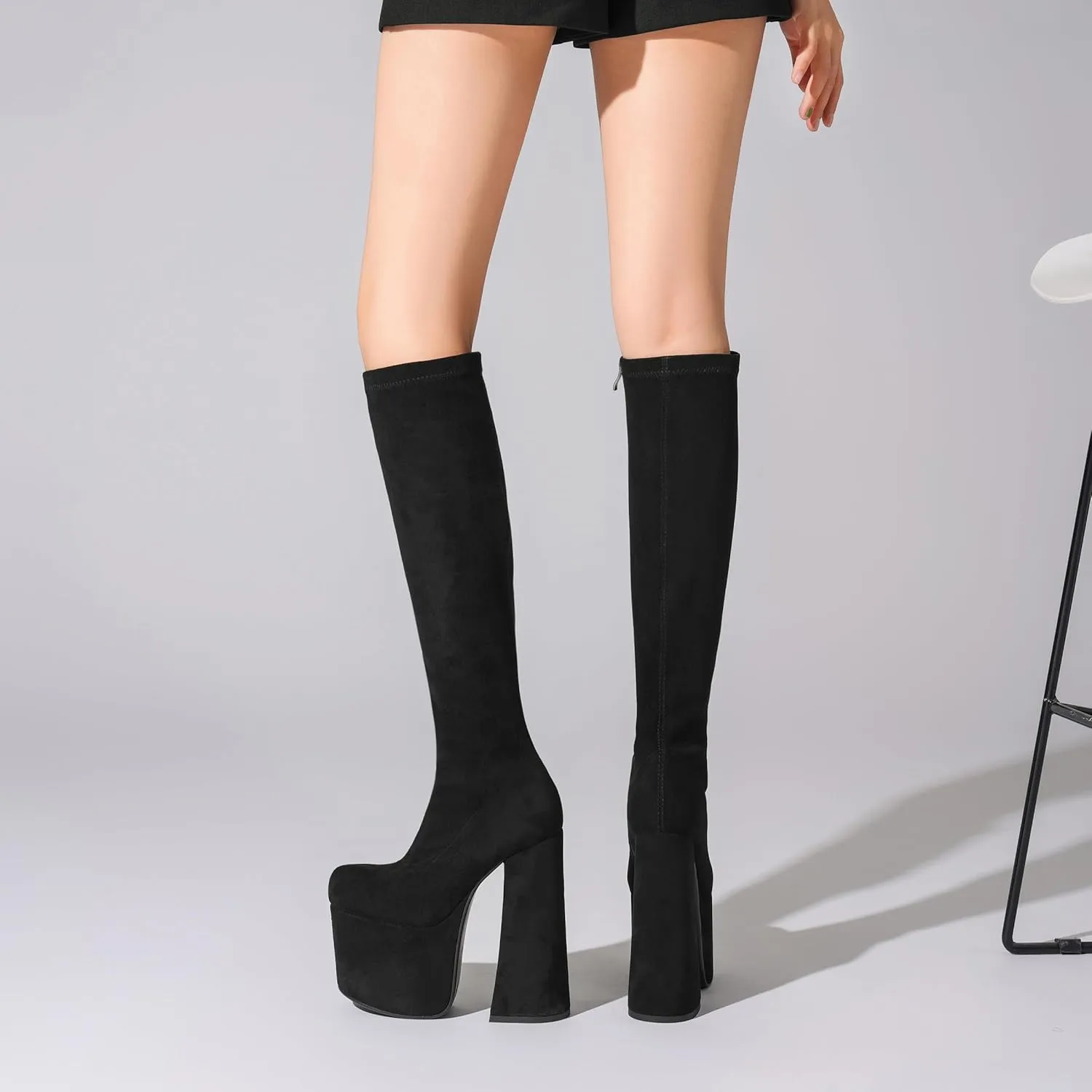 Tsrenlmln Outer waterproof platform boots, square toe thick heel with ankle straps, side zippered elastic apricot high boots