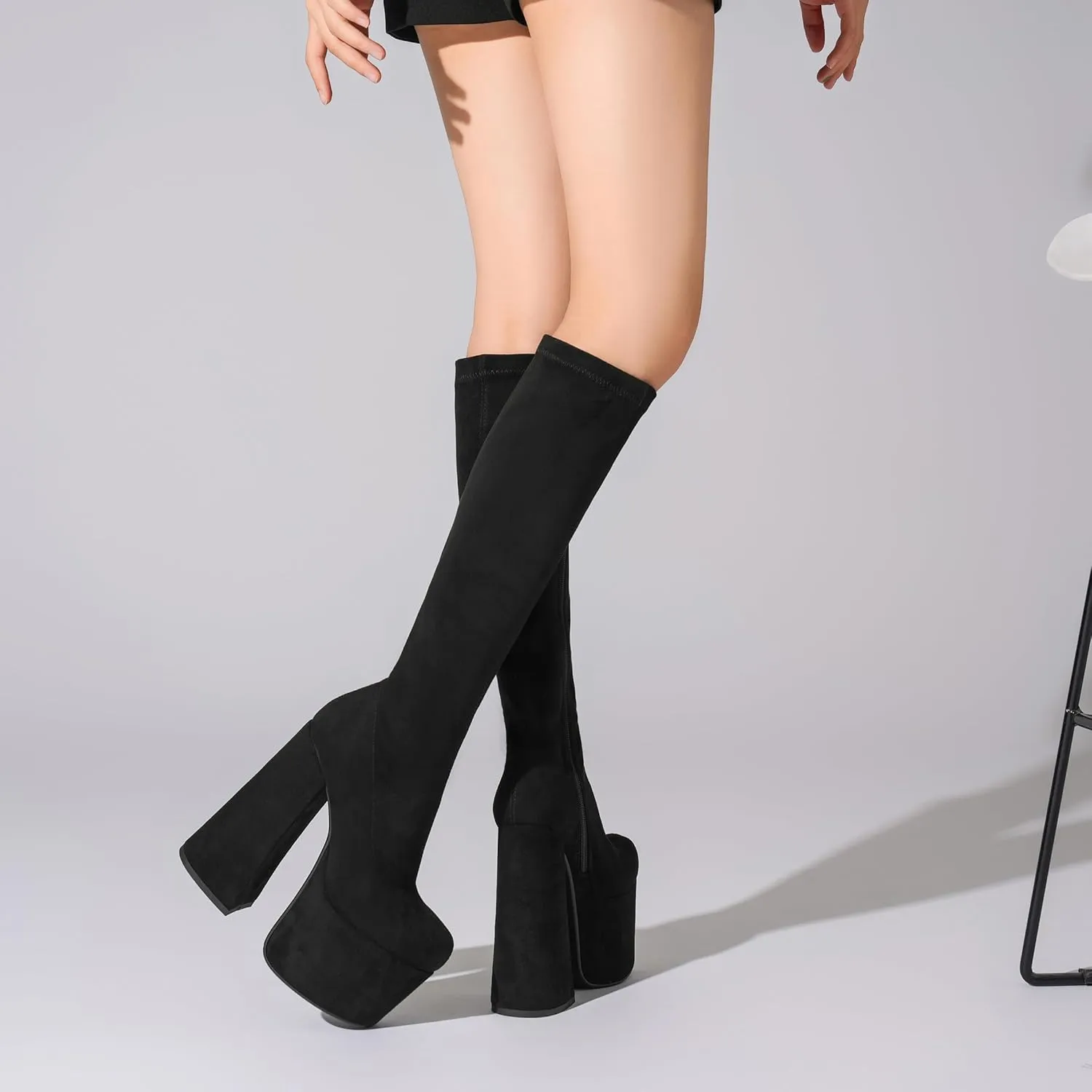 Tsrenlmln Outer waterproof platform boots, square toe thick heel with ankle straps, side zippered elastic apricot high boots