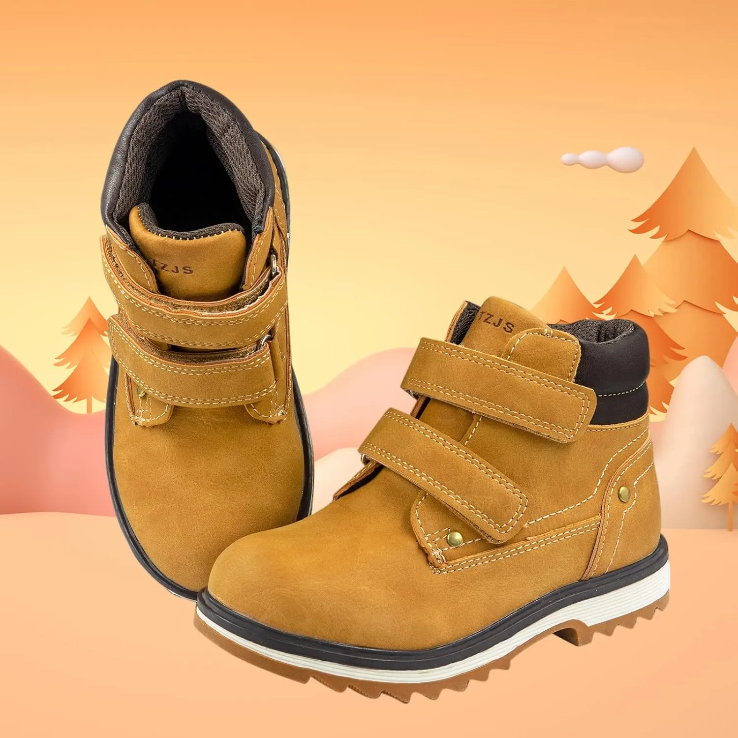 TZJS Kids' Hiking Work Boots for Boys Girls, Waterproof Outdoor Ankle Boots with Hook and Loop