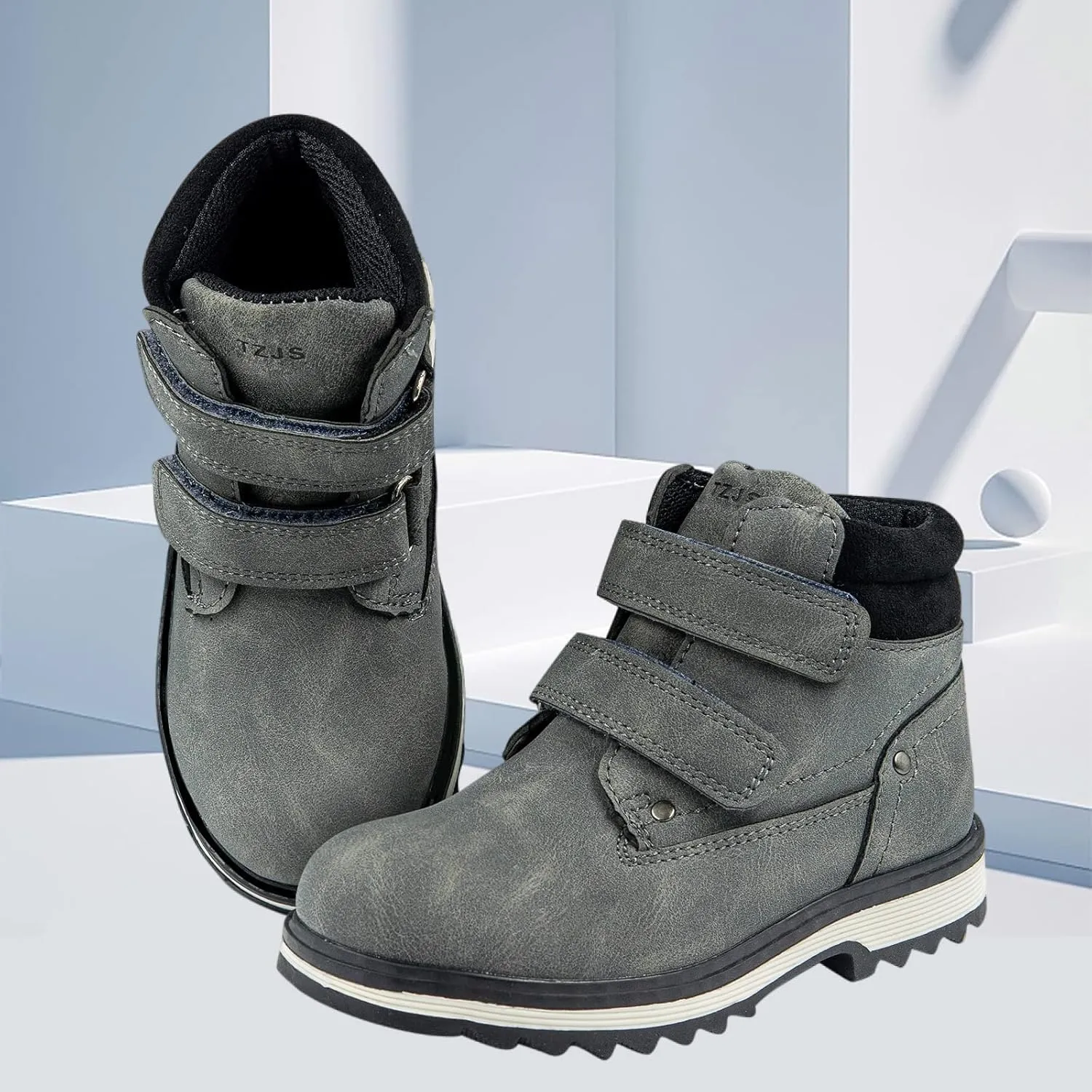 TZJS Kids' Hiking Work Boots for Boys Girls, Waterproof Outdoor Ankle Boots with Hook and Loop