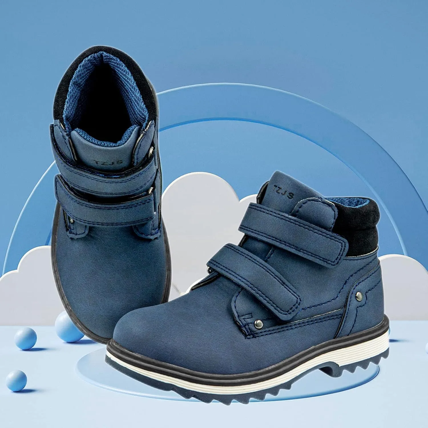 TZJS Kids' Hiking Work Boots for Boys Girls, Waterproof Outdoor Ankle Boots with Hook and Loop
