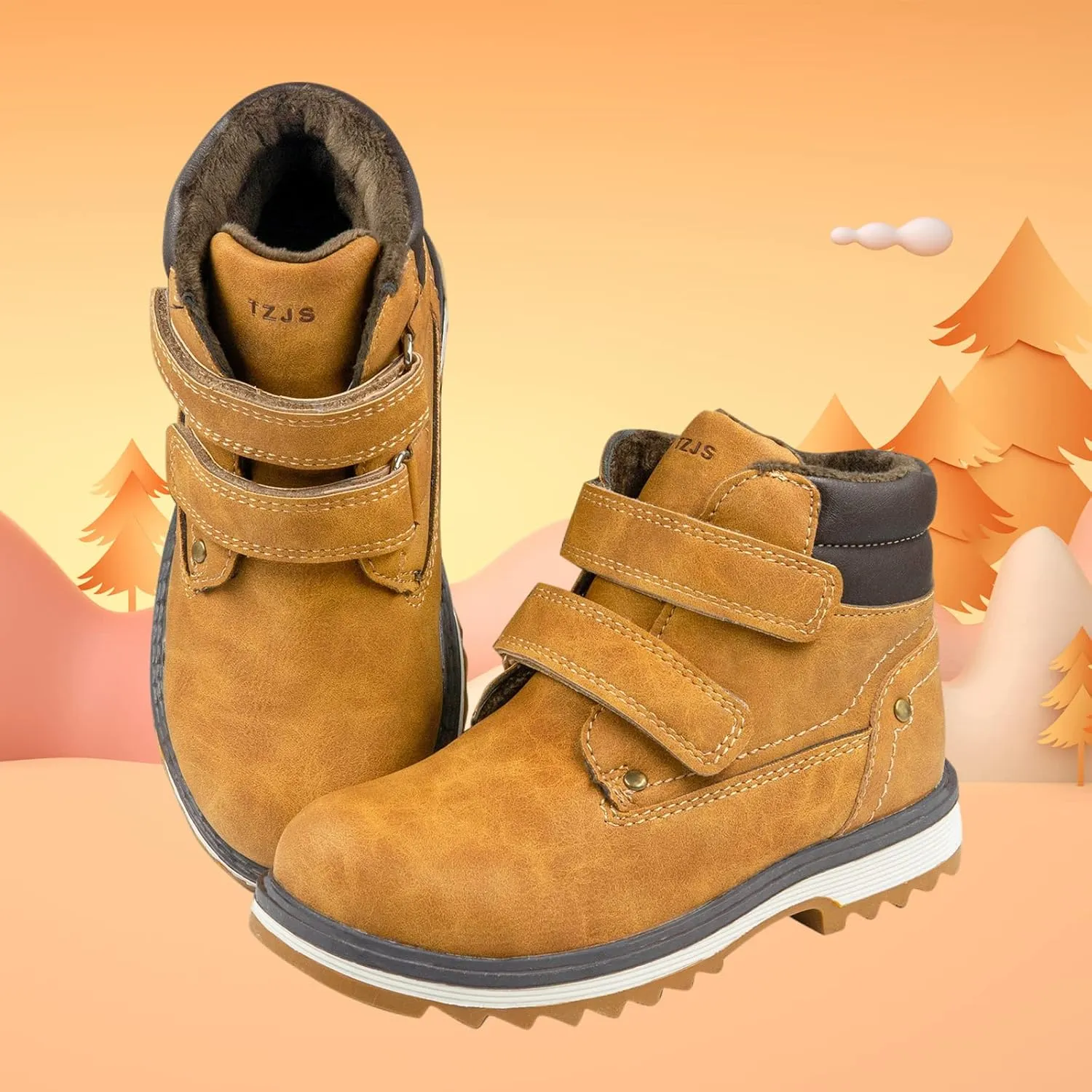 TZJS Kids' Hiking Work Boots for Boys Girls, Waterproof Outdoor Ankle Boots with Hook and Loop