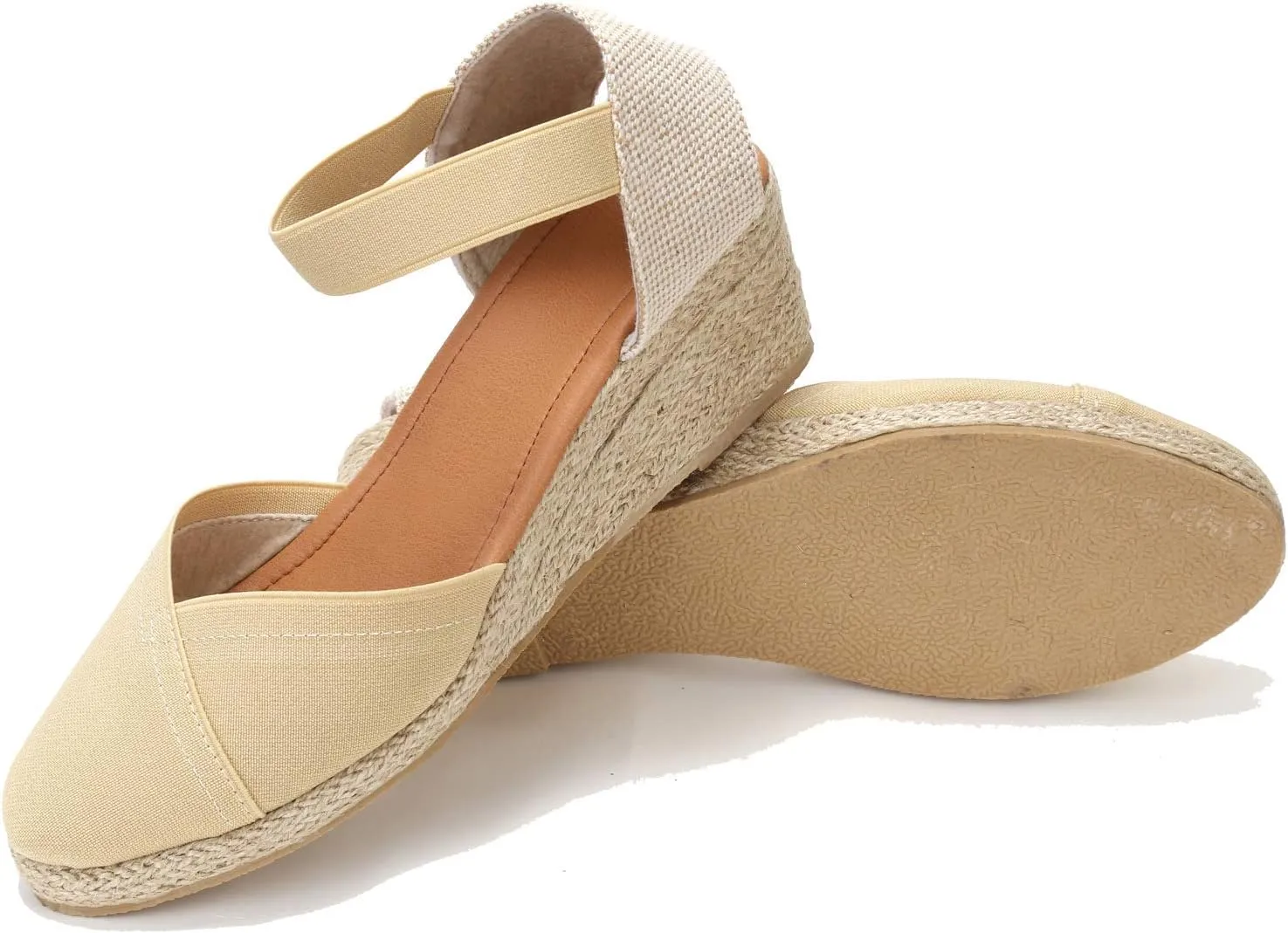 U-lite Women's 3" Elastic Band Ankle Strap Round Closed Toe Espadrilles Wedges Heel Sandals