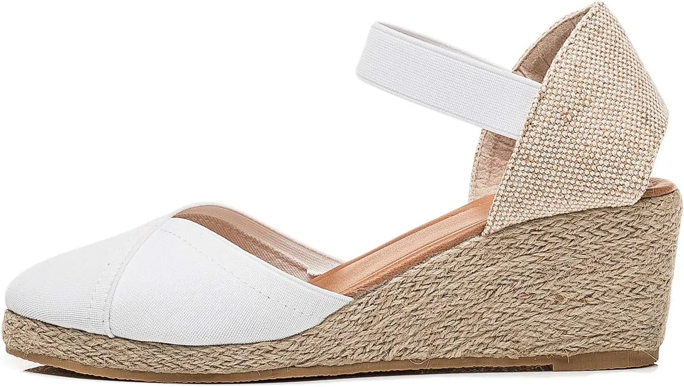 U-lite Women's 3" Elastic Band Ankle Strap Round Closed Toe Espadrilles Wedges Heel Sandals