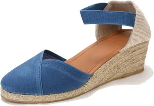 U-lite Women's 3" Elastic Band Ankle Strap Round Closed Toe Espadrilles Wedges Heel Sandals