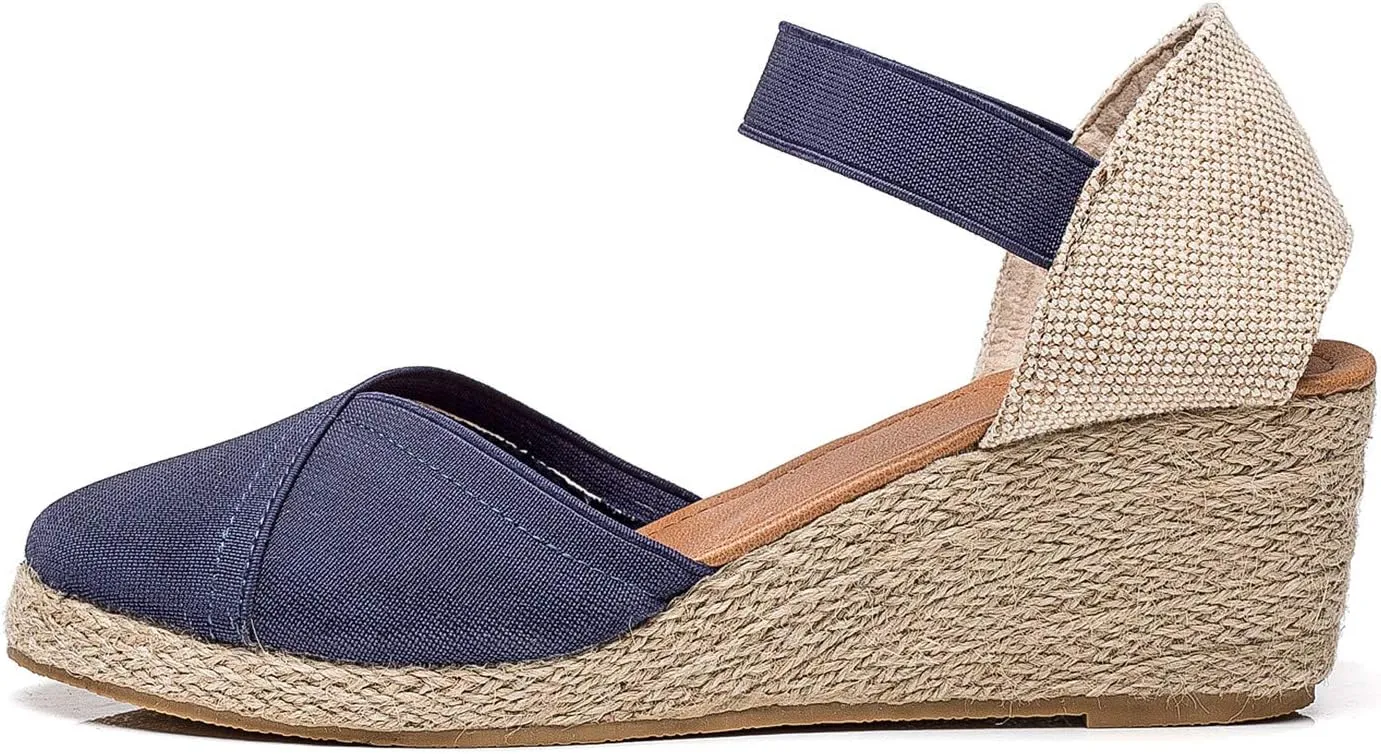 U-lite Women's 3" Elastic Band Ankle Strap Round Closed Toe Espadrilles Wedges Heel Sandals