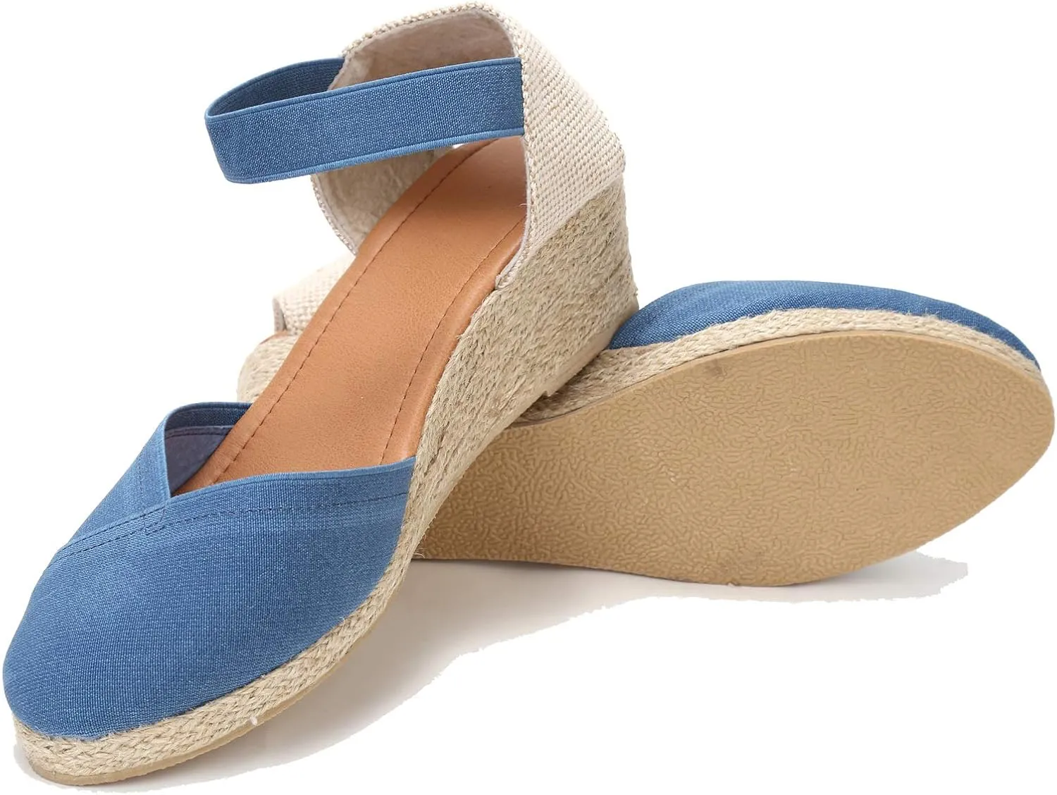 U-lite Women's 3" Elastic Band Ankle Strap Round Closed Toe Espadrilles Wedges Heel Sandals