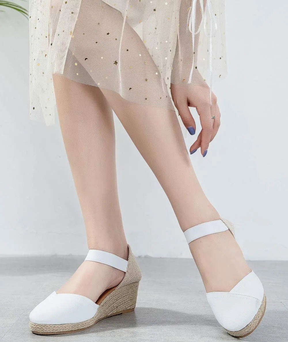 U-lite Women's 3" Elastic Band Ankle Strap Round Closed Toe Espadrilles Wedges Heel Sandals