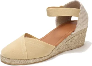 U-lite Women's 3" Elastic Band Ankle Strap Round Closed Toe Espadrilles Wedges Heel Sandals