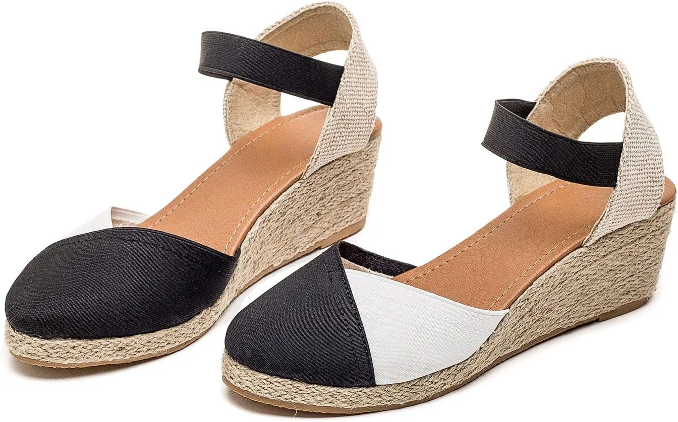U-lite Women's 3" Elastic Band Ankle Strap Round Closed Toe Espadrilles Wedges Heel Sandals