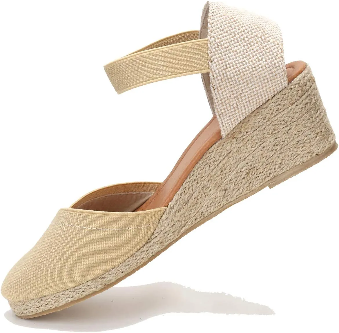 U-lite Women's 3" Elastic Band Ankle Strap Round Closed Toe Espadrilles Wedges Heel Sandals