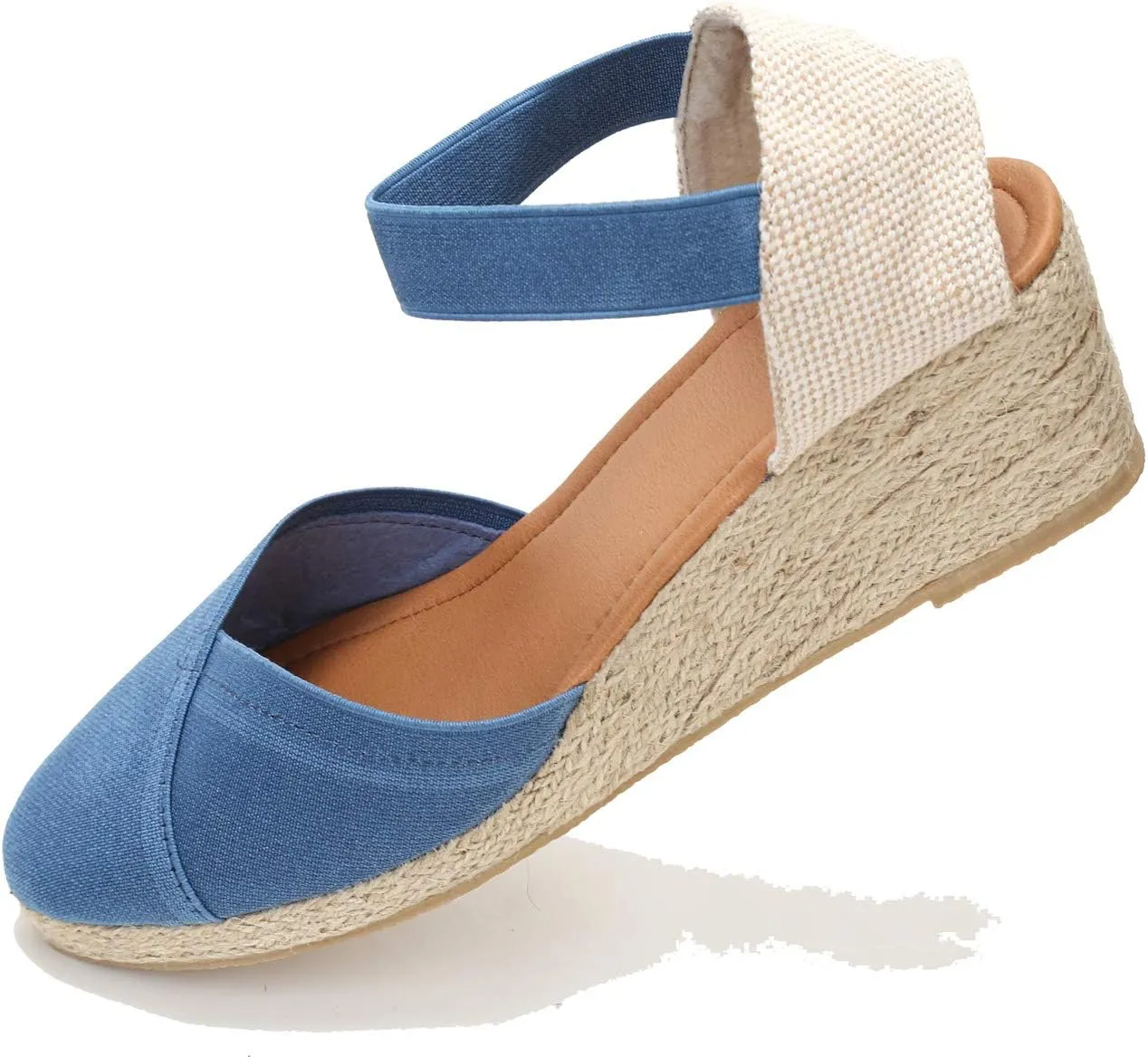 U-lite Women's 3" Elastic Band Ankle Strap Round Closed Toe Espadrilles Wedges Heel Sandals