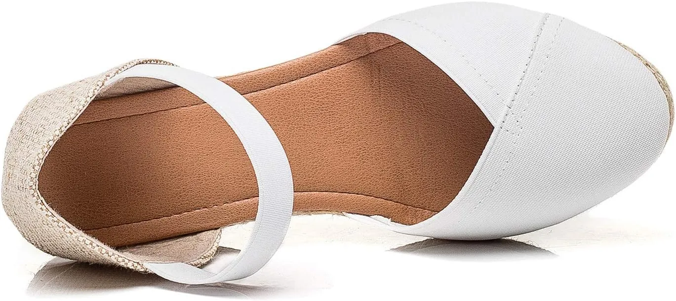 U-lite Women's 3" Elastic Band Ankle Strap Round Closed Toe Espadrilles Wedges Heel Sandals