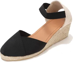 U-lite Women's 3" Elastic Band Ankle Strap Round Closed Toe Espadrilles Wedges Heel Sandals