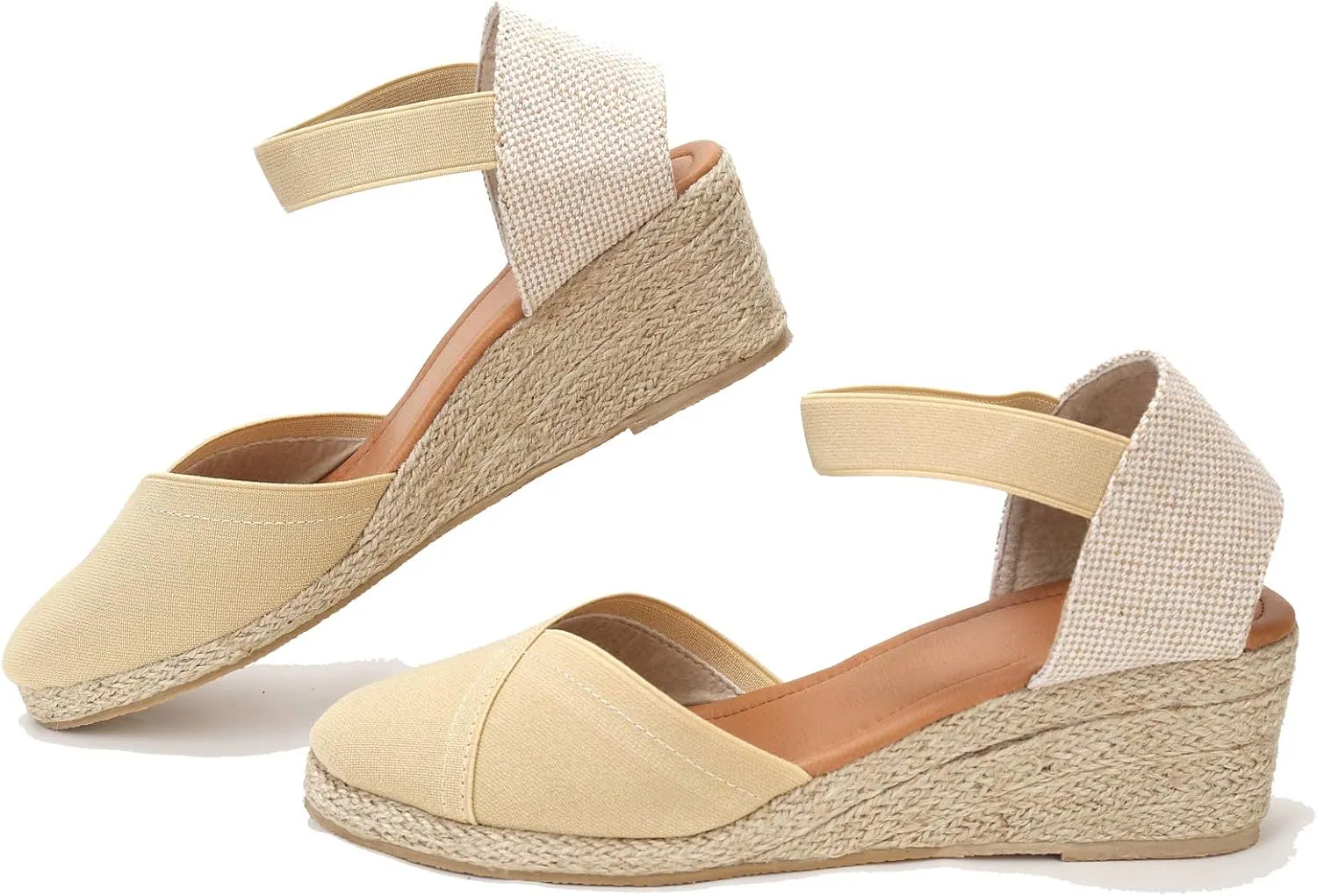 U-lite Women's 3" Elastic Band Ankle Strap Round Closed Toe Espadrilles Wedges Heel Sandals