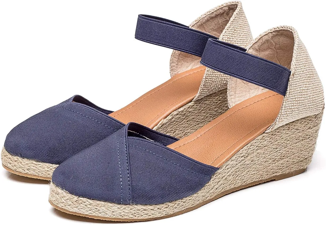 U-lite Women's 3" Elastic Band Ankle Strap Round Closed Toe Espadrilles Wedges Heel Sandals