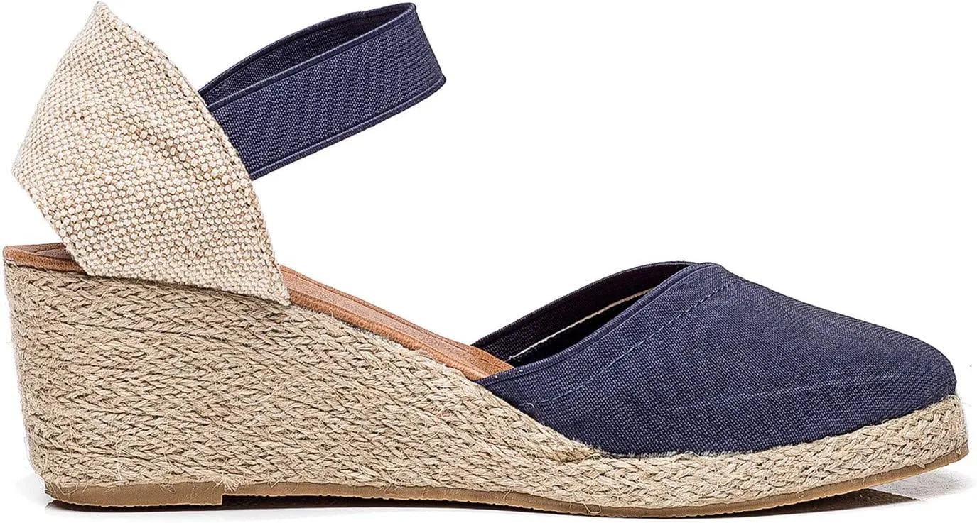 U-lite Women's 3" Elastic Band Ankle Strap Round Closed Toe Espadrilles Wedges Heel Sandals