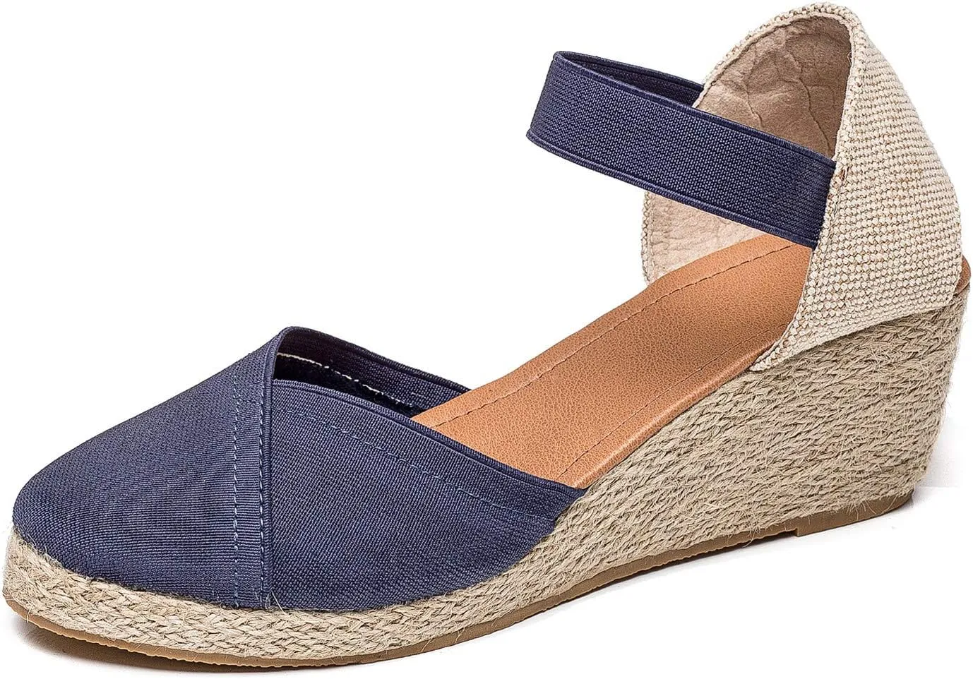 U-lite Women's 3" Elastic Band Ankle Strap Round Closed Toe Espadrilles Wedges Heel Sandals