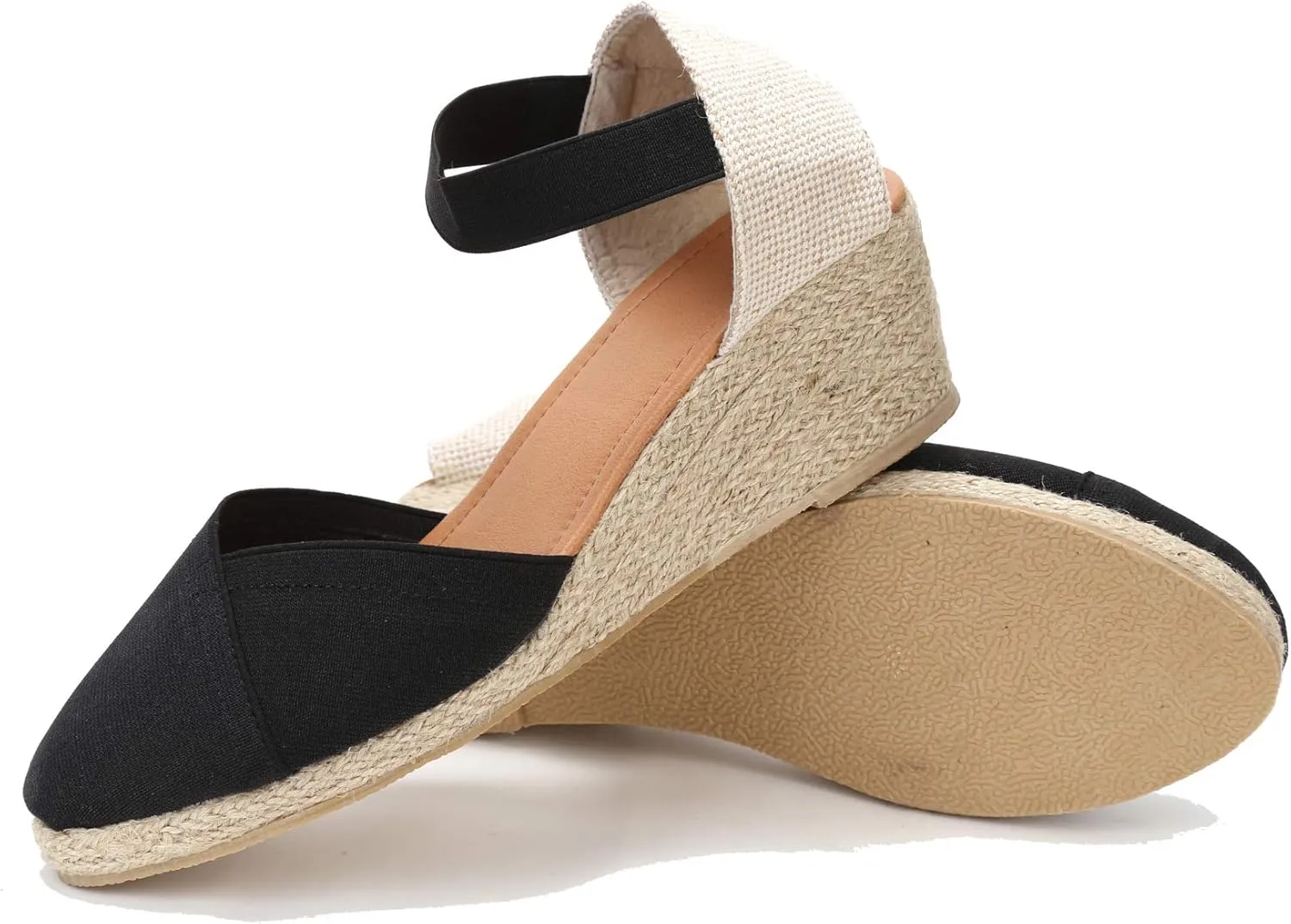 U-lite Women's 3" Elastic Band Ankle Strap Round Closed Toe Espadrilles Wedges Heel Sandals