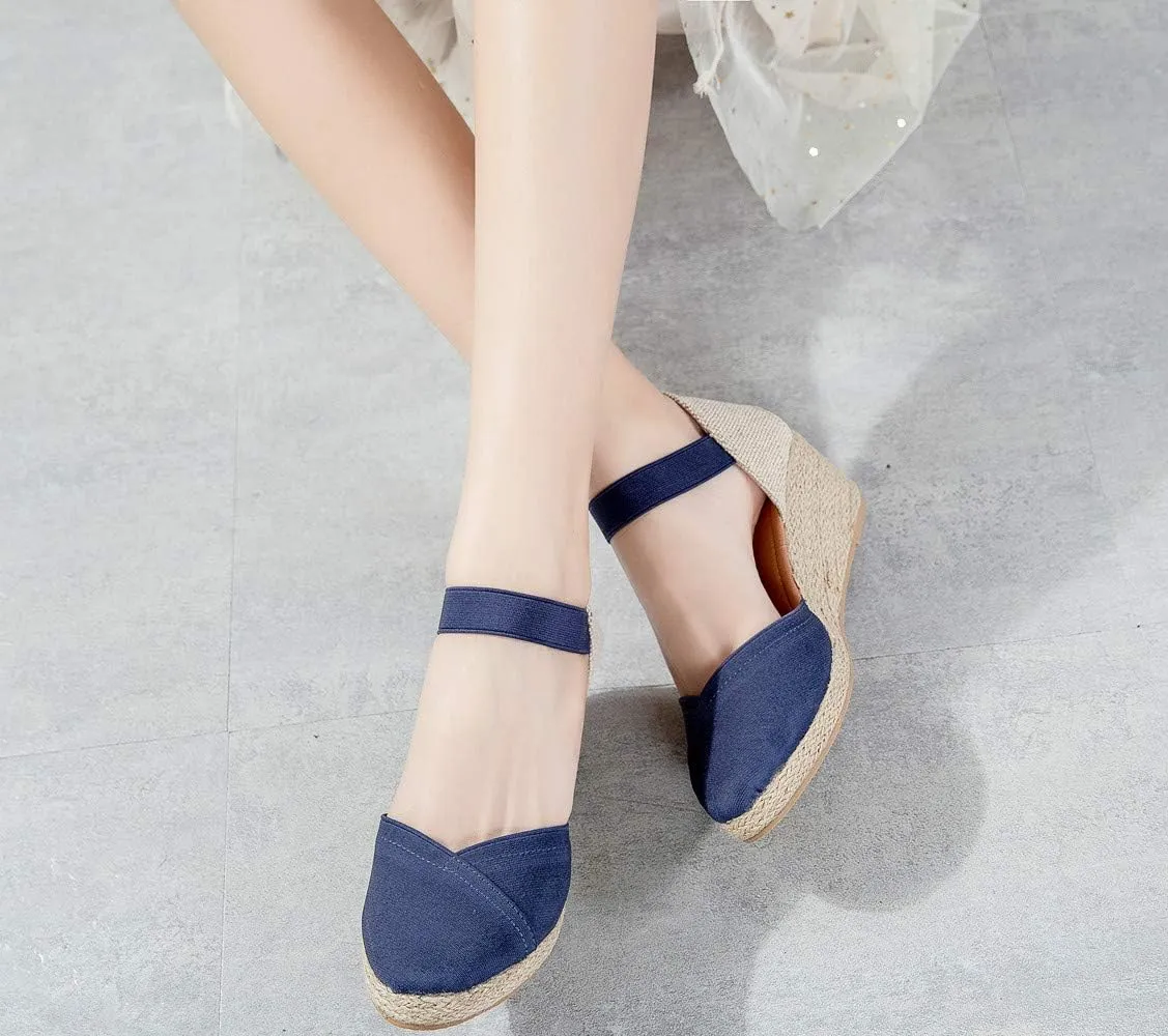 U-lite Women's 3" Elastic Band Ankle Strap Round Closed Toe Espadrilles Wedges Heel Sandals