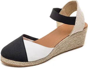 U-lite Women's 3" Elastic Band Ankle Strap Round Closed Toe Espadrilles Wedges Heel Sandals