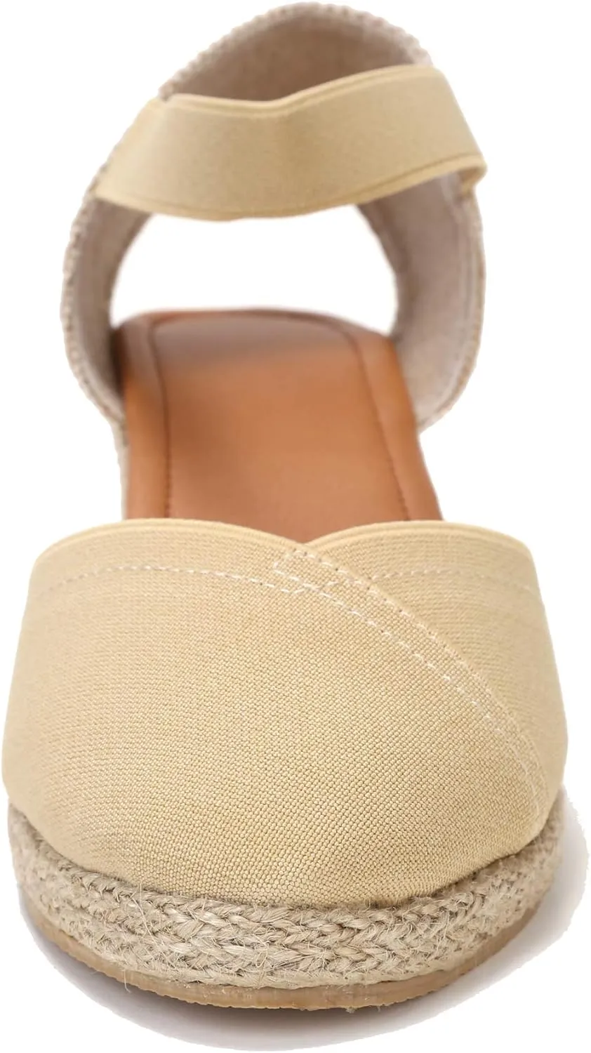 U-lite Women's 3" Elastic Band Ankle Strap Round Closed Toe Espadrilles Wedges Heel Sandals