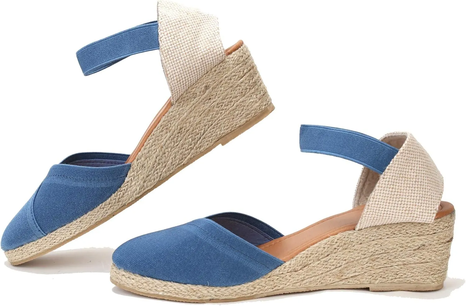 U-lite Women's 3" Elastic Band Ankle Strap Round Closed Toe Espadrilles Wedges Heel Sandals