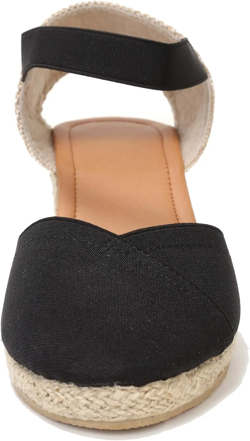 U-lite Women's 3" Elastic Band Ankle Strap Round Closed Toe Espadrilles Wedges Heel Sandals