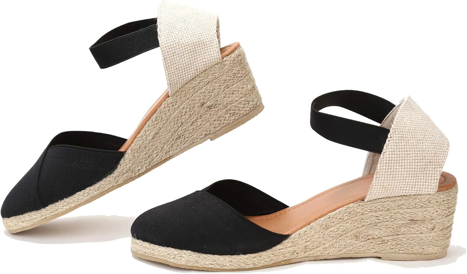 U-lite Women's 3" Elastic Band Ankle Strap Round Closed Toe Espadrilles Wedges Heel Sandals