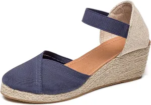 U-lite Women's 3" Elastic Band Ankle Strap Round Closed Toe Espadrilles Wedges Heel Sandals