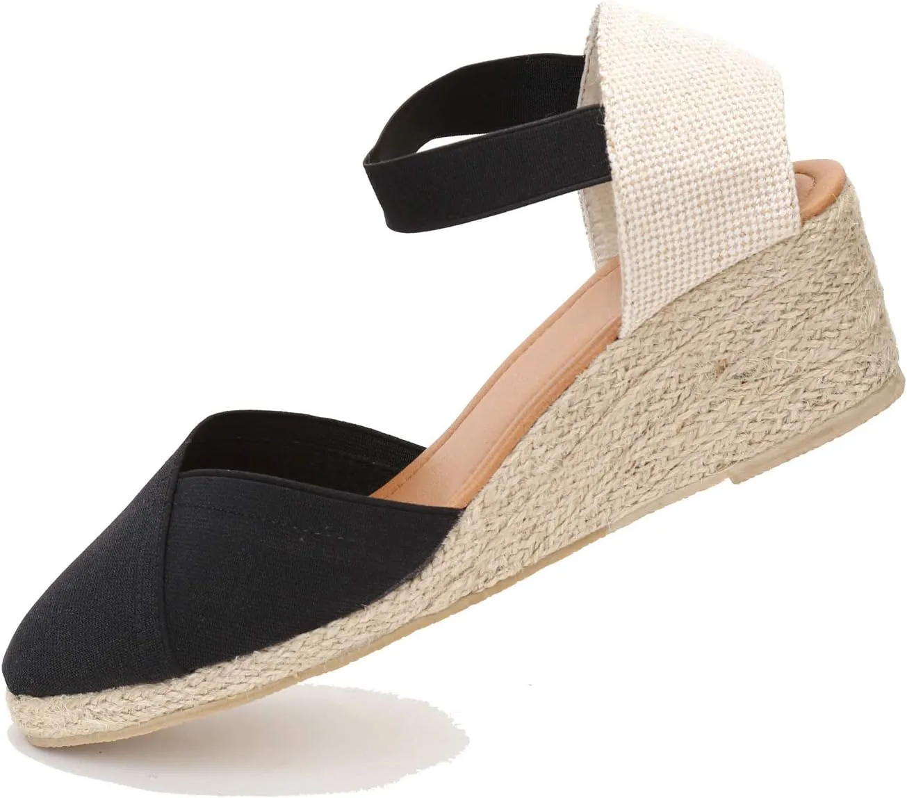 U-lite Women's 3" Elastic Band Ankle Strap Round Closed Toe Espadrilles Wedges Heel Sandals