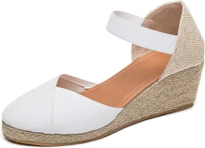 U-lite Women's 3" Elastic Band Ankle Strap Round Closed Toe Espadrilles Wedges Heel Sandals