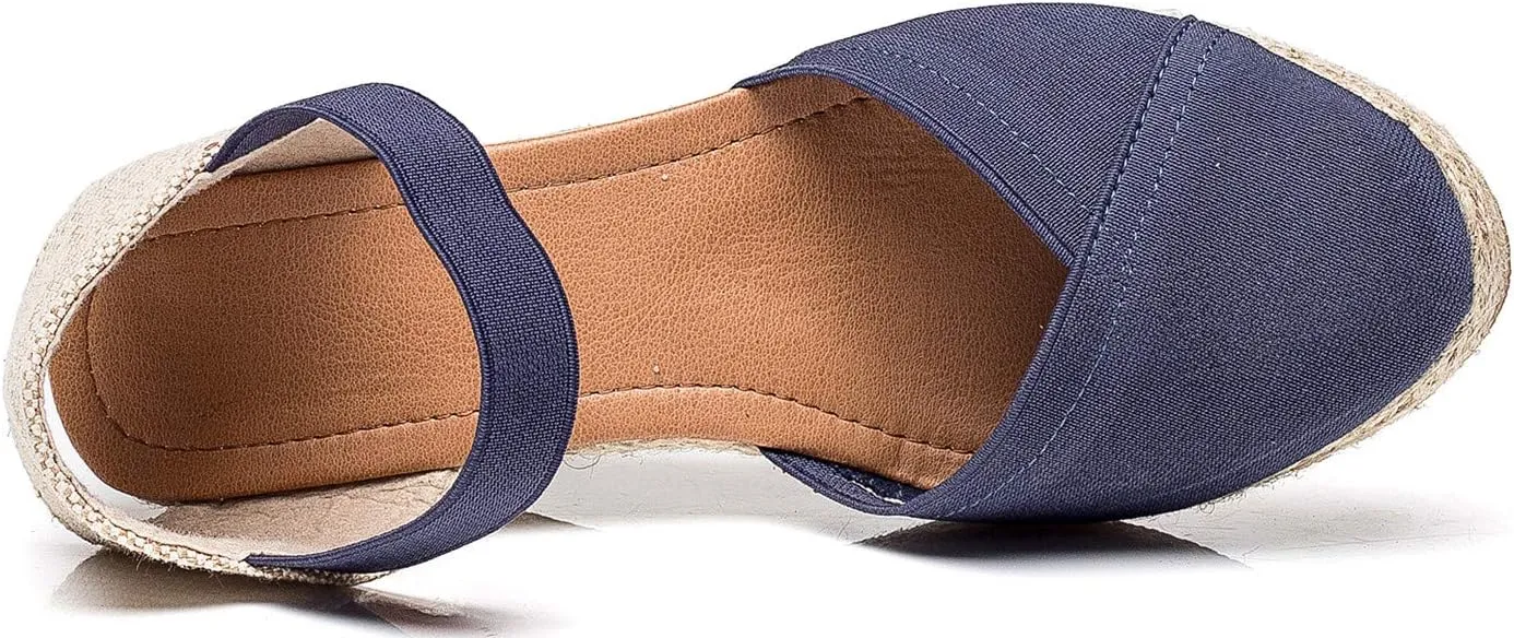 U-lite Women's 3" Elastic Band Ankle Strap Round Closed Toe Espadrilles Wedges Heel Sandals