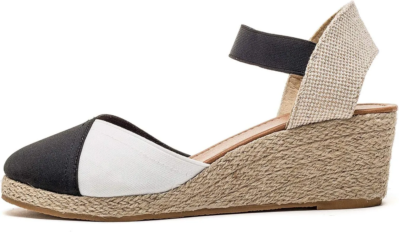 U-lite Women's 3" Elastic Band Ankle Strap Round Closed Toe Espadrilles Wedges Heel Sandals