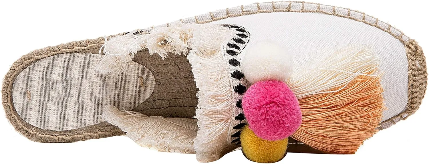 U-lite Women's Comfort Red Tassel & Fluffy Ball Embellishment Canvas Mule Shoes Espadrilles