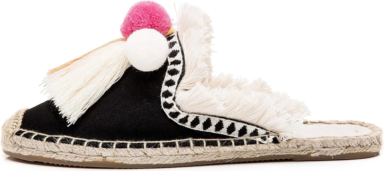 U-lite Women's Comfort Red Tassel & Fluffy Ball Embellishment Canvas Mule Shoes Espadrilles