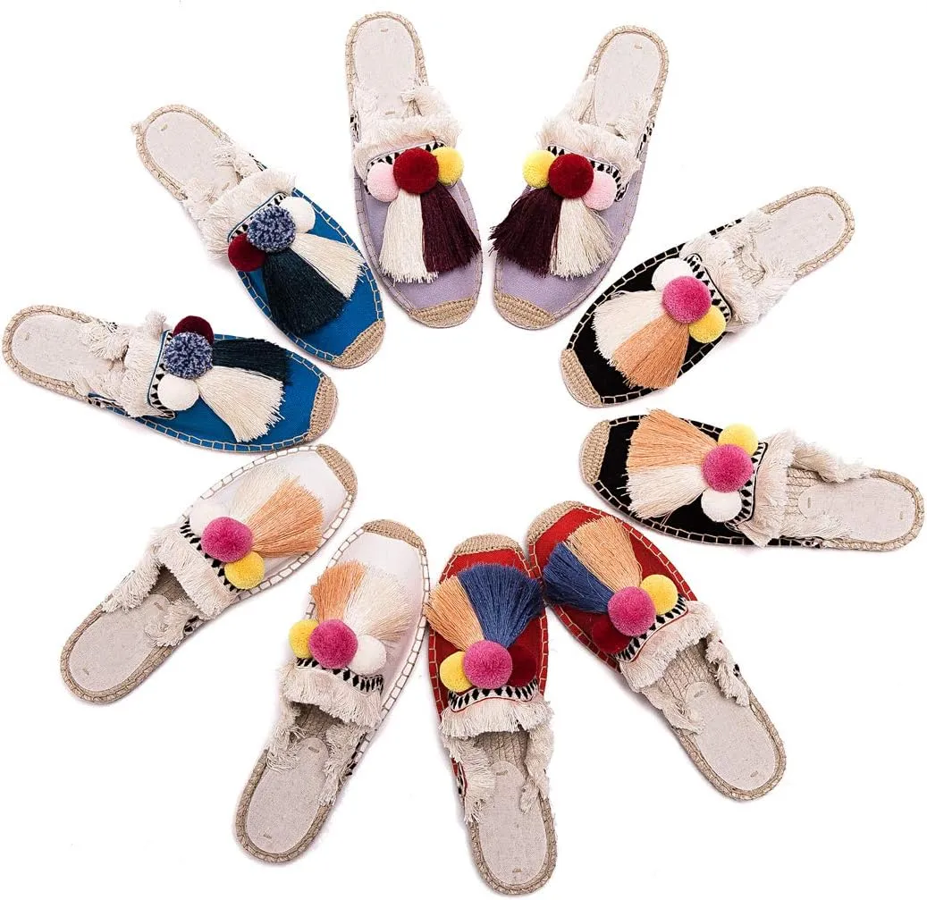 U-lite Women's Comfort Red Tassel & Fluffy Ball Embellishment Canvas Mule Shoes Espadrilles