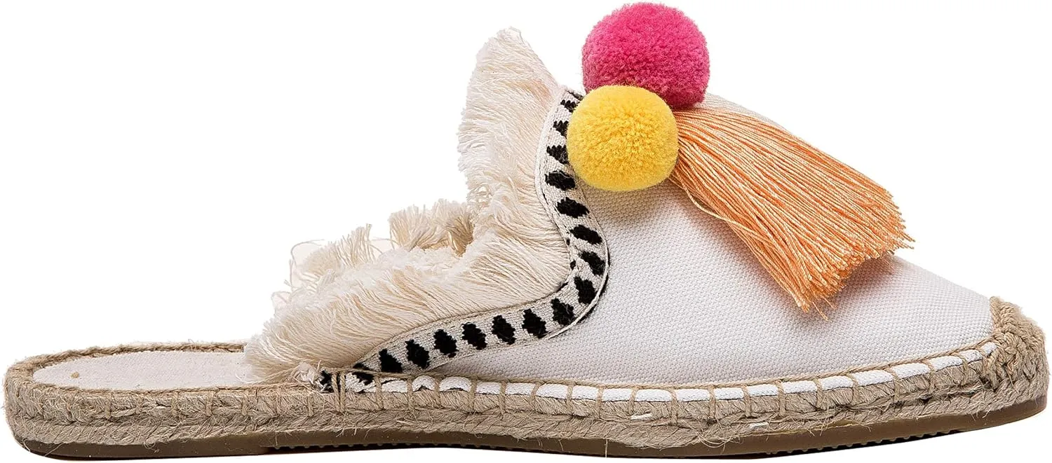 U-lite Women's Comfort Red Tassel & Fluffy Ball Embellishment Canvas Mule Shoes Espadrilles