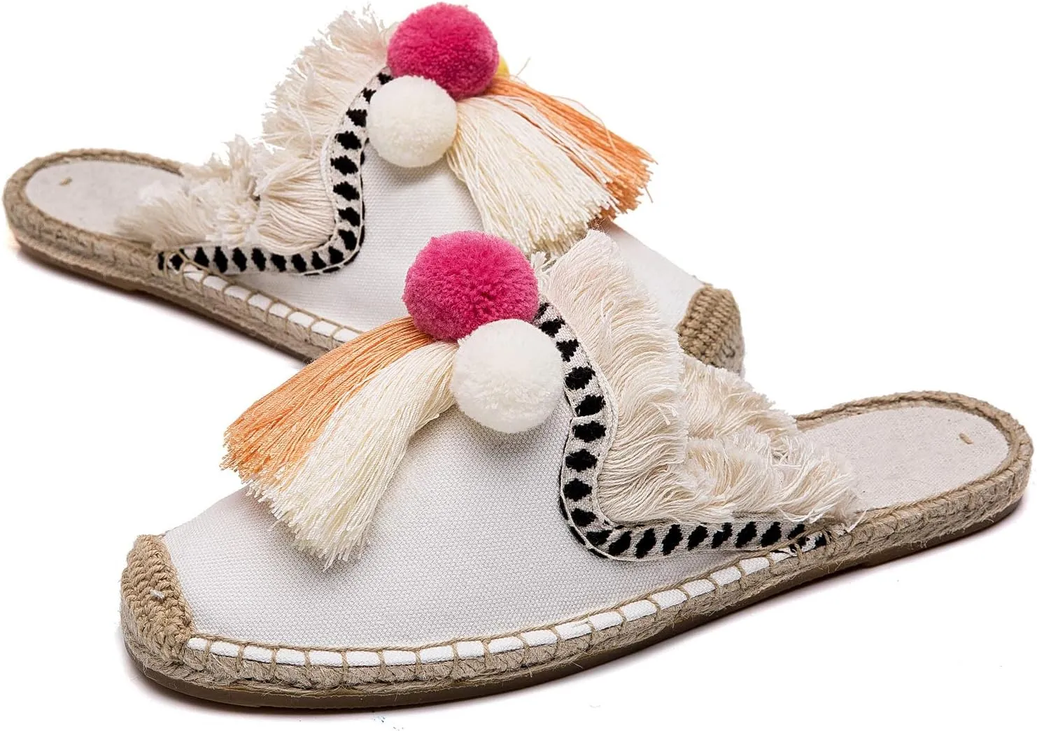 U-lite Women's Comfort Red Tassel & Fluffy Ball Embellishment Canvas Mule Shoes Espadrilles