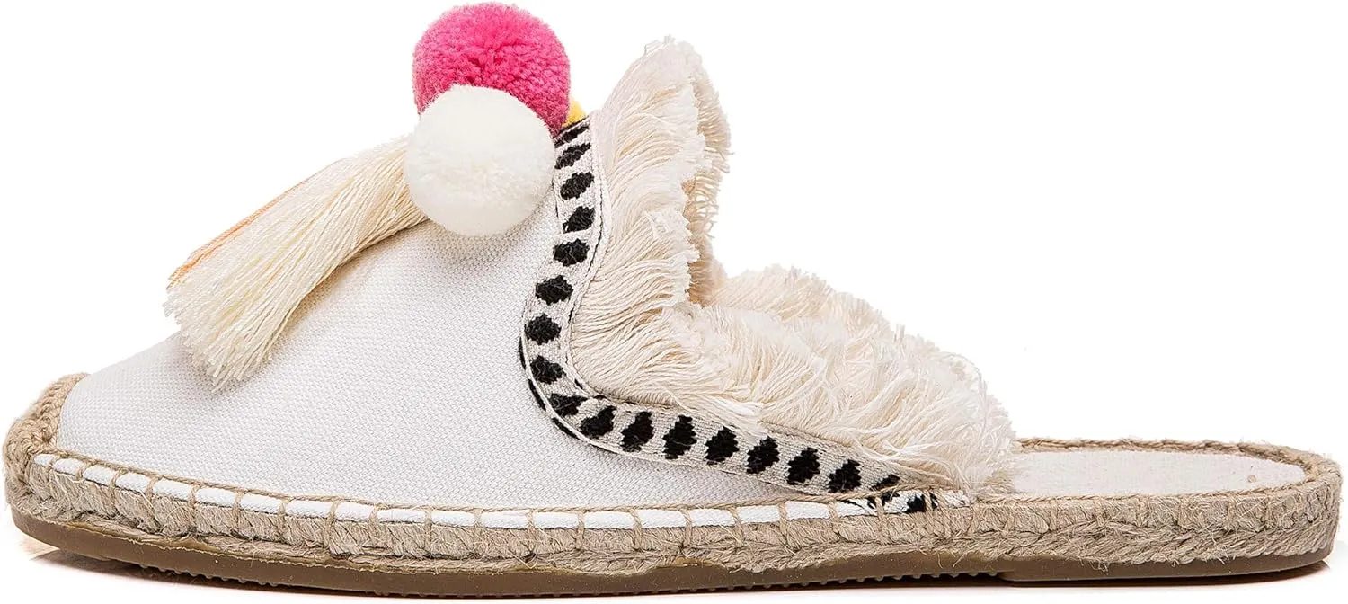 U-lite Women's Comfort Red Tassel & Fluffy Ball Embellishment Canvas Mule Shoes Espadrilles
