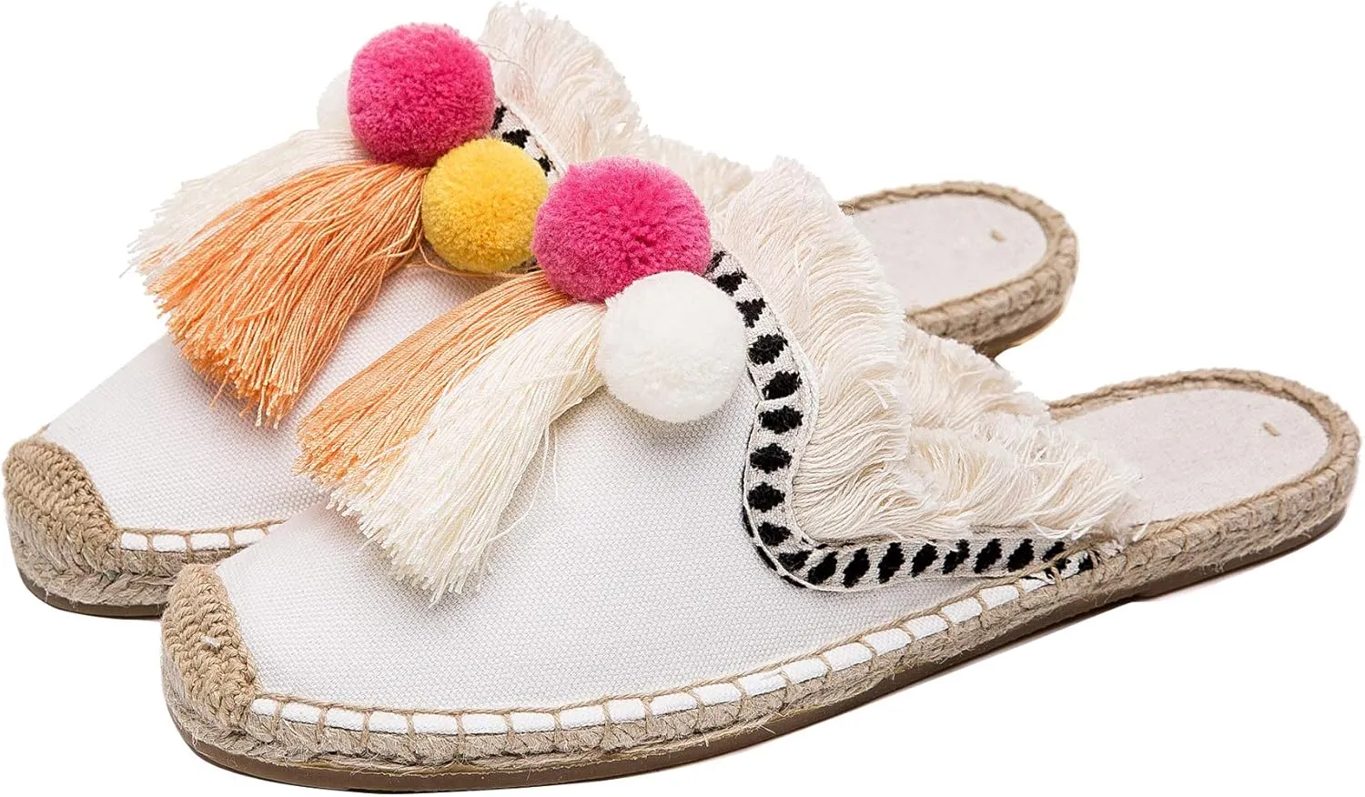 U-lite Women's Comfort Red Tassel & Fluffy Ball Embellishment Canvas Mule Shoes Espadrilles