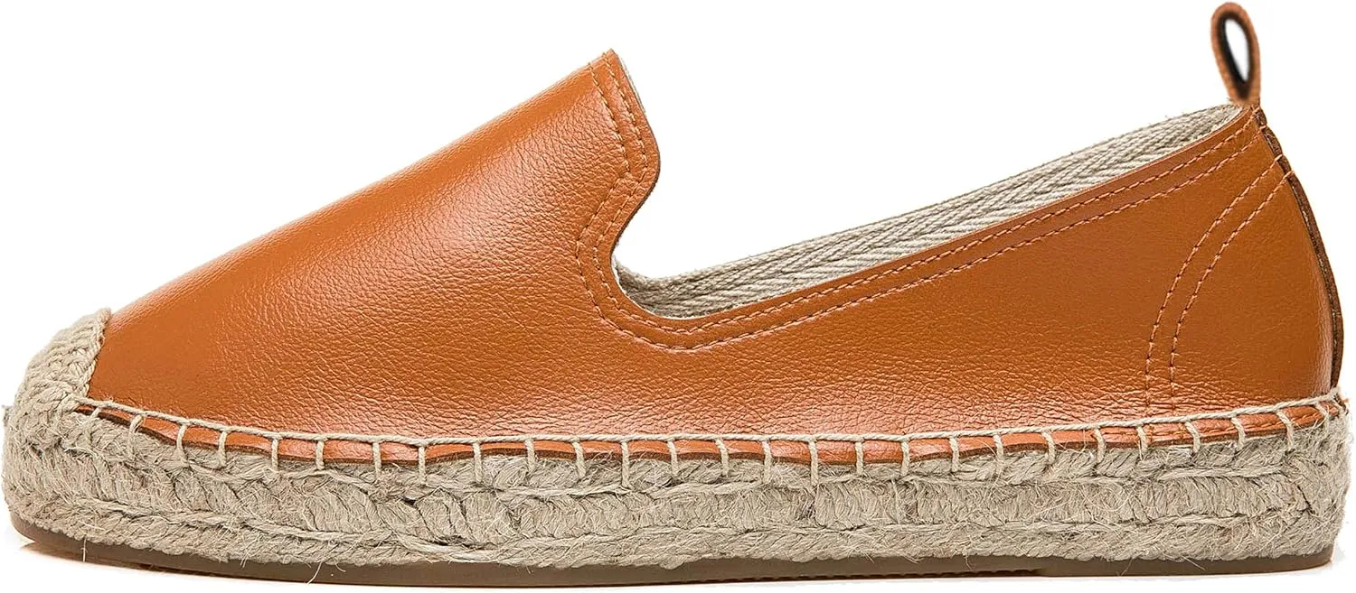 U-lite Women's Round-Toe Classic Flat Cap-Toe Slip ons Simple Espadrilles Leather Loafers