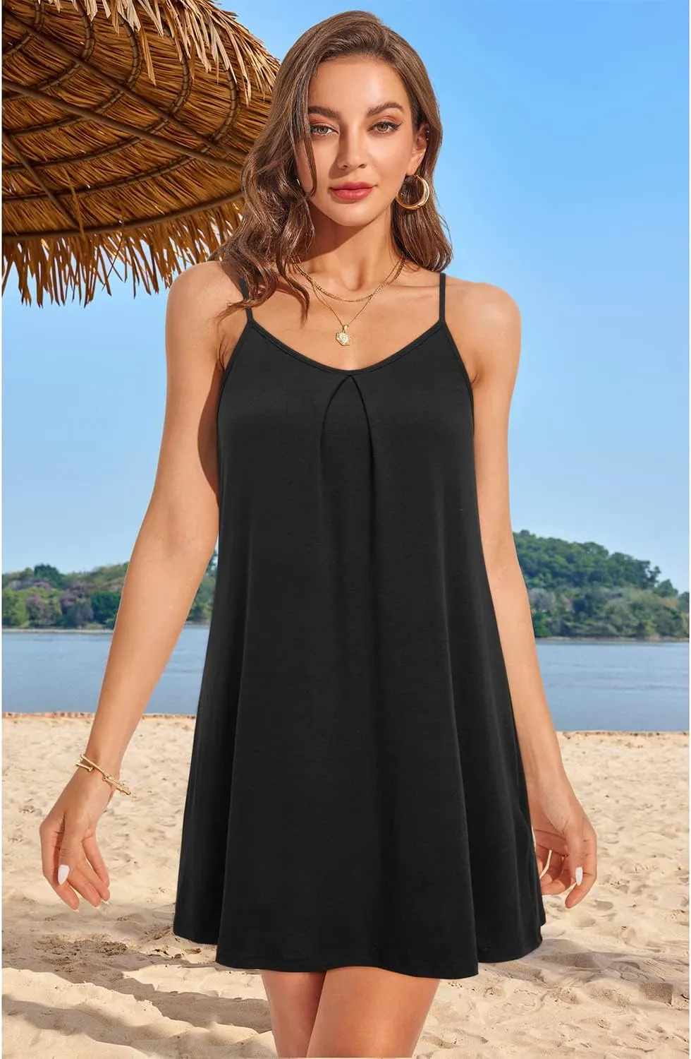 ULTRANICE Women's 2024 Summer Casual Beach Dresses Cover Ups Floral V Neck Spaghetti Strap Backless Mini Sun Dress