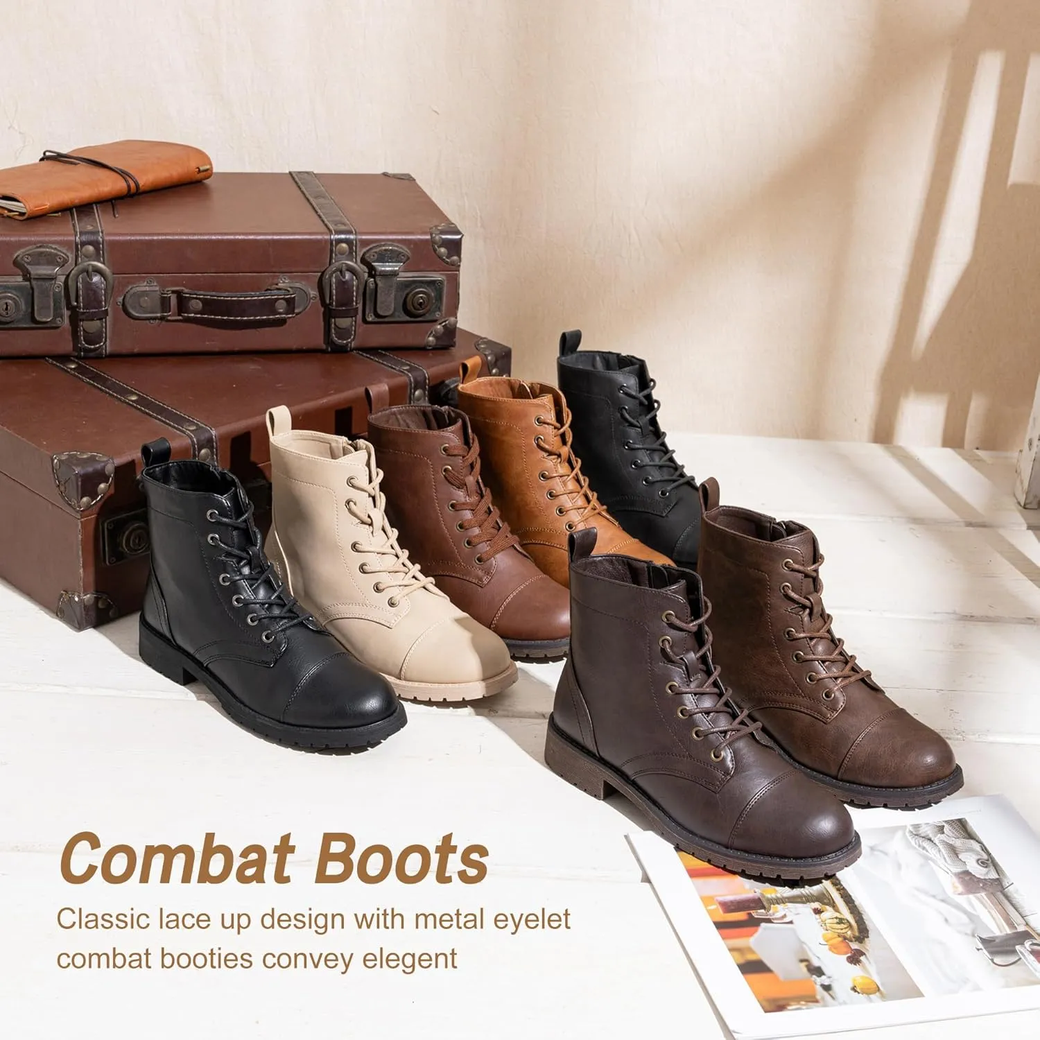 Vepose Women's Ankle Boots Lace up, Flat Fashion Combat Booties Low Heel