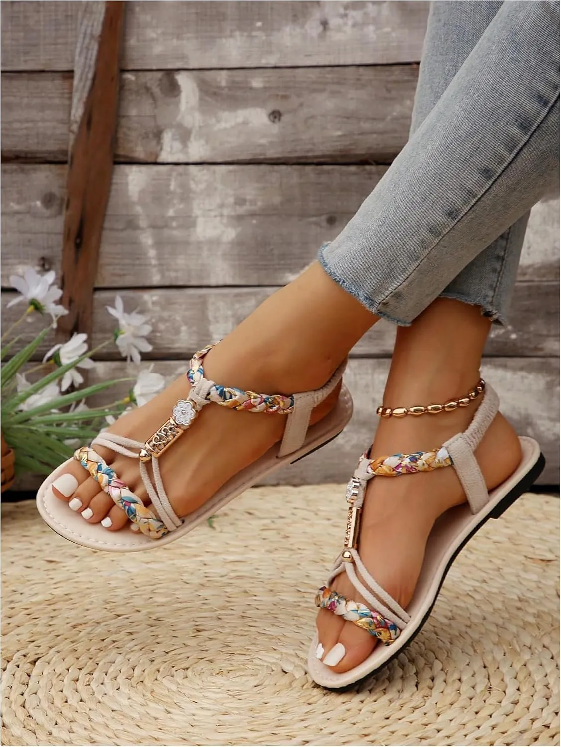 Verdusa Women's Colorful Braided Beaded Flat Sandals Open Toe Summer Beach Leather Sandals