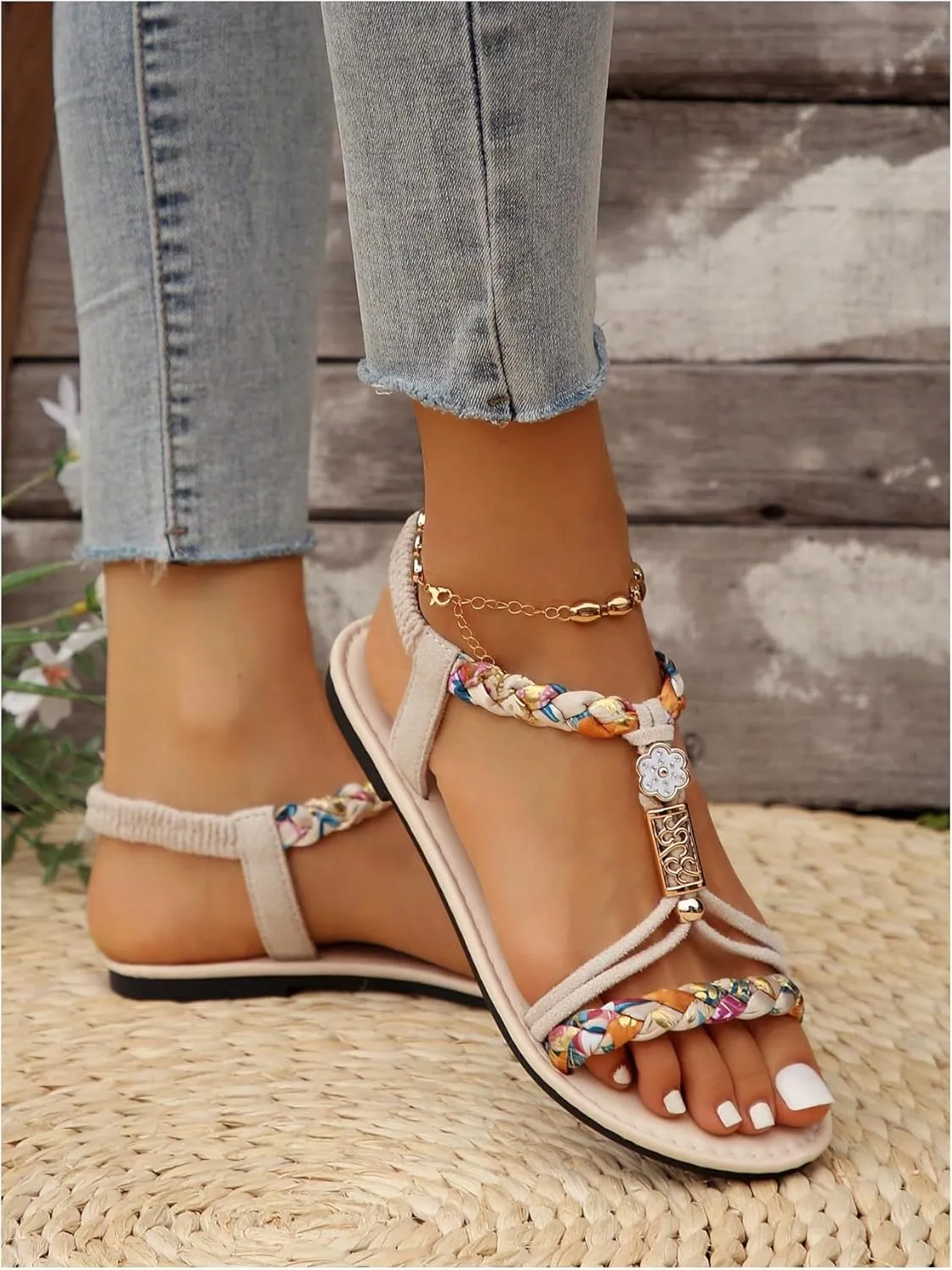 Verdusa Women's Colorful Braided Beaded Flat Sandals Open Toe Summer Beach Leather Sandals