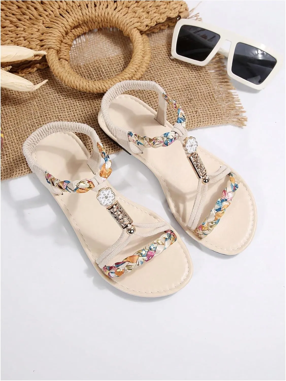 Verdusa Women's Colorful Braided Beaded Flat Sandals Open Toe Summer Beach Leather Sandals